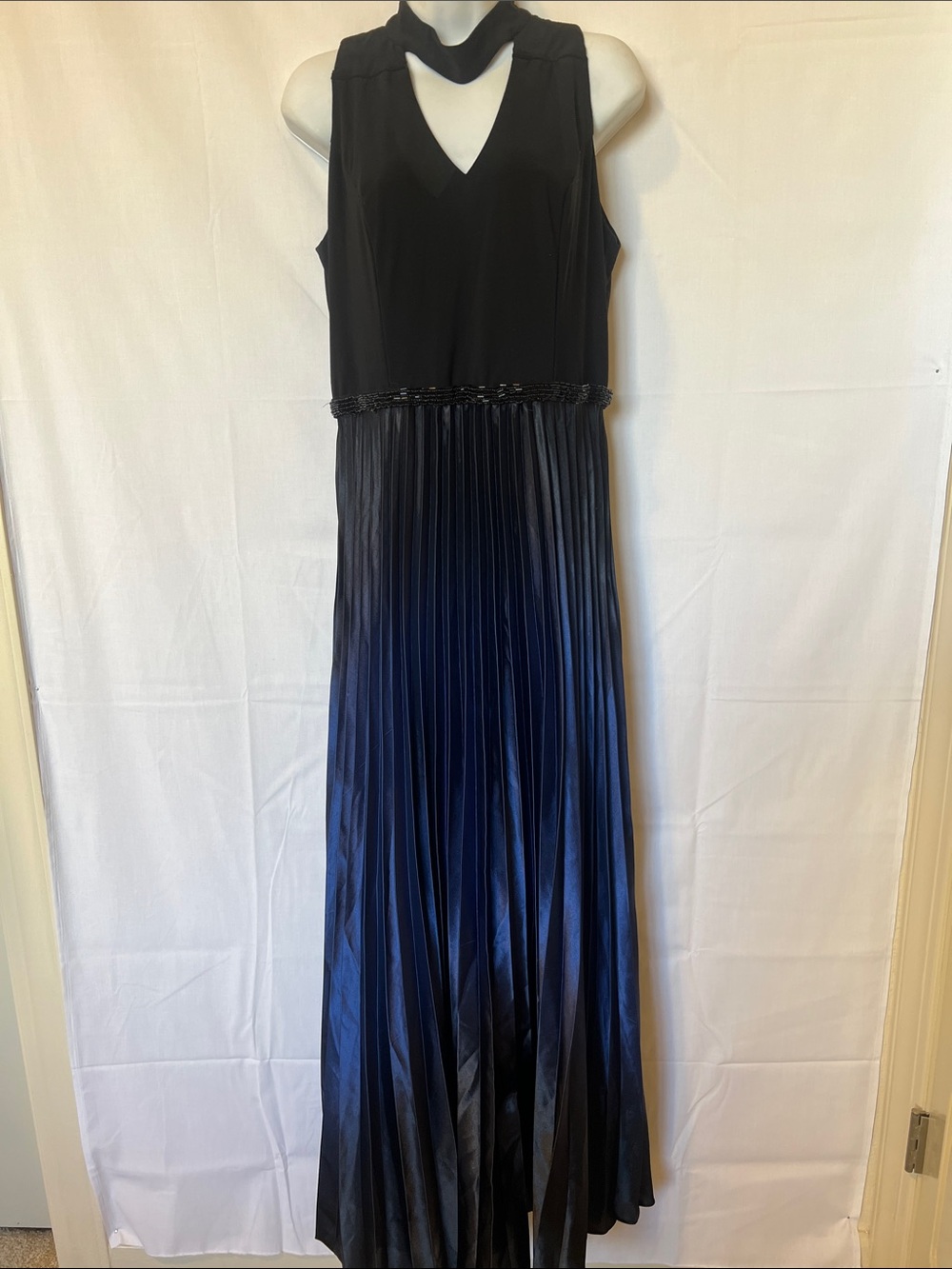 Sleeveless Black & Navy Pleated Maxi Dress with Beaded Waist